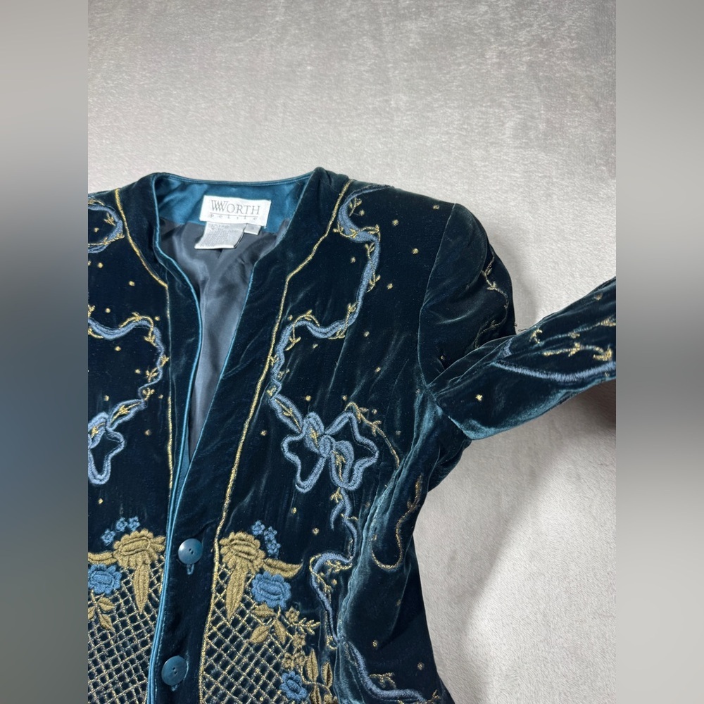 Vintage Worth Silk Blend Dark Teal Velvet Embroidered Celestial Blazer Size 4P - Picture 6 of 17
